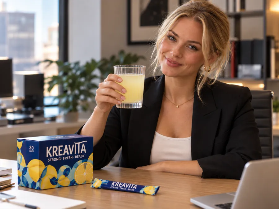 A smiling woman at her desk holding up a glass of Kreavita