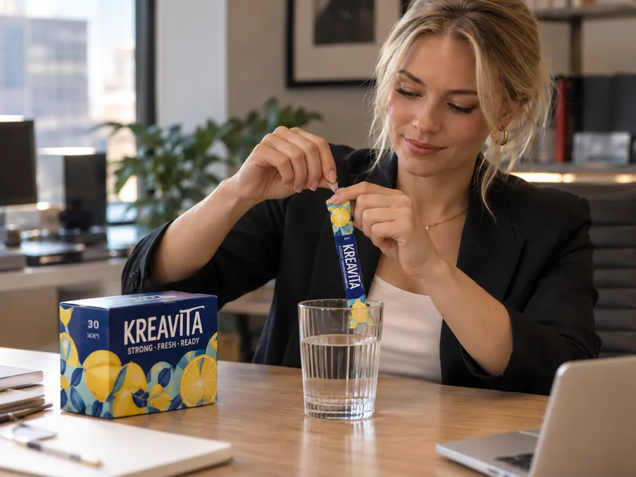 A woman at her desk tearing open a Kreavita stick over a glass of water