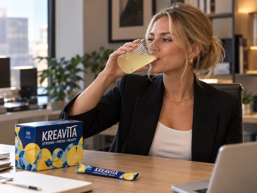 A woman drinking Kreavita at her desk